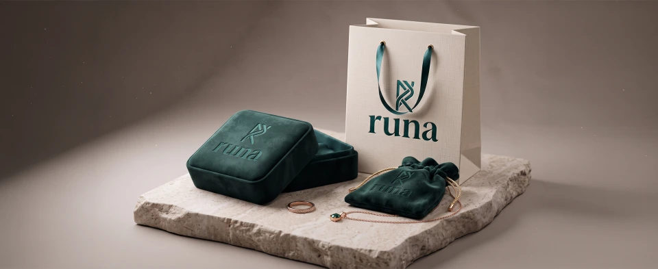 Коробка, бархатный мешочек и подарочный пакет для украшений — RUNA