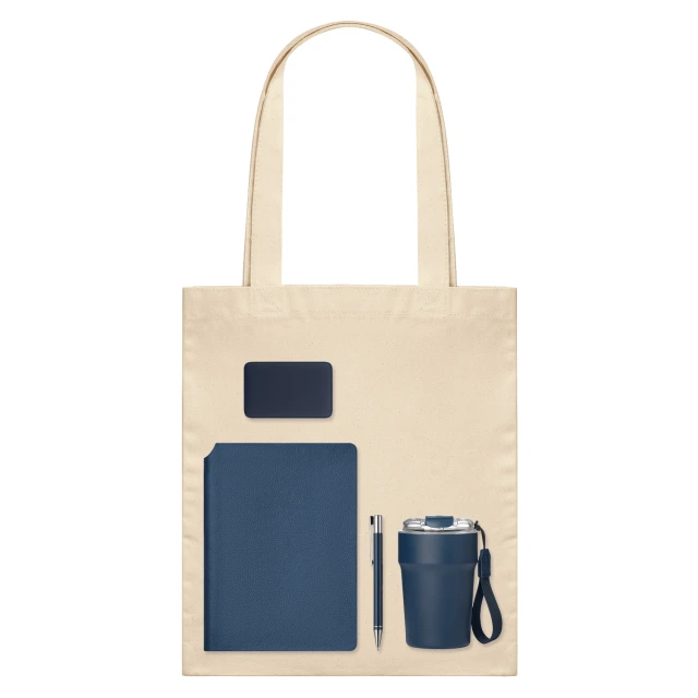 Подарочный набор Велком Пак (Welcome Pack), синий (термокружка, ежедневник, ручка, ЗУ, шоппер) · СИНИЙ / БЕЖЕВЫЙ
